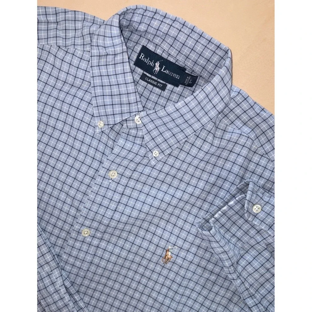 Polo Ralph Lauren Button Down Large Light Blue Plaid Long Sleeve Classic Fit